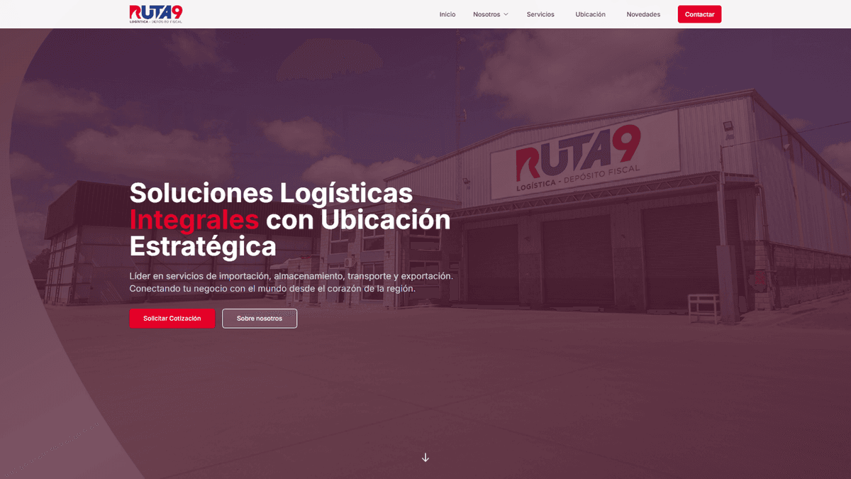 Página institucional de Ruta 9, depósito fiscal con secciones de servicios logísticos, ubicación y formulario de contacto