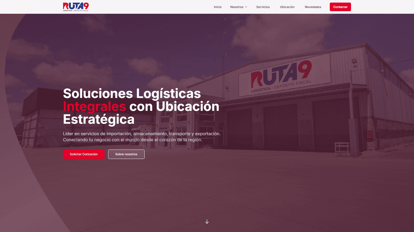 Página institucional de Ruta 9, depósito fiscal con secciones de servicios logísticos, ubicación y formulario de contacto