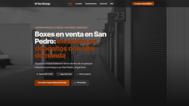 Página institucional de Spbox Storage mostrando boxes físicos de almacenamiento, tamaños disponibles, precios y ubicación del depósito